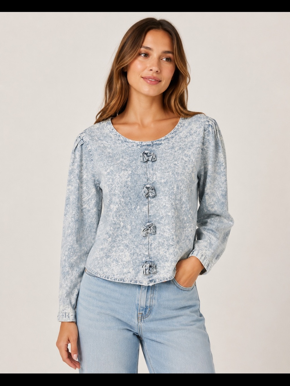 Andrew’s Blues Light Blue Textured Button-Front Women's Blouse